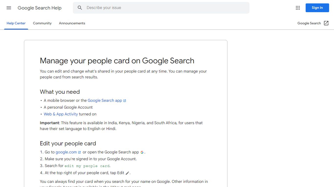 Manage your people card on Google Search